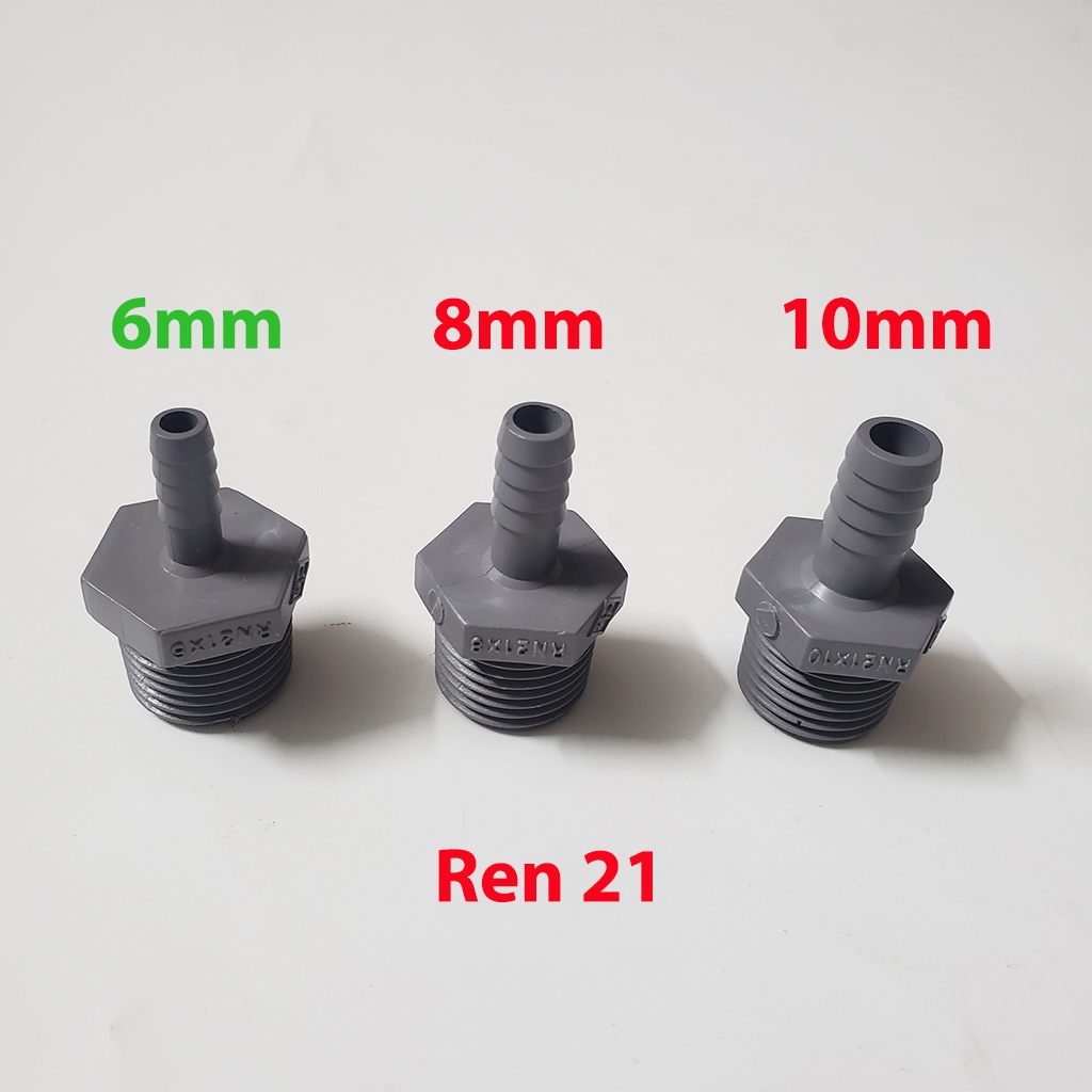 10 Búp nối ống PE, ống mềm 6mm, 8mm, 10mm ren ngoài 21, 27