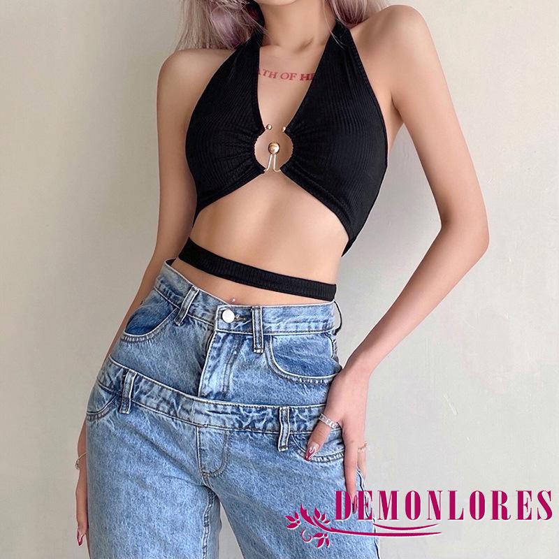DEMQ-Women’s Fashion Solid Color Vest Sexy Hollow Bandage Exposed Navel Halter Camisole