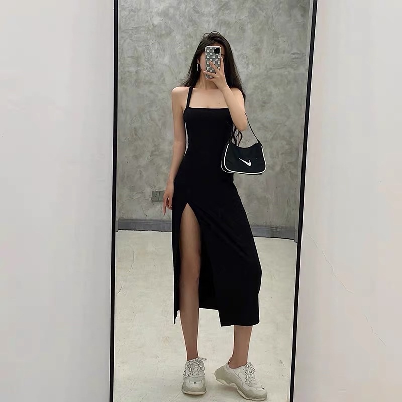 Đầm body dáng dài xẻ đùi cổ yếm Ulzzang