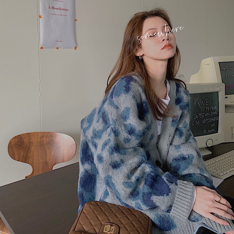 Áo Cardigan Dệt Kim Tay Dài Dáng Rộng In Họa Tiết Da Beo Kiểu Vintage Thời Trang Mùa Thu Cho Nữ