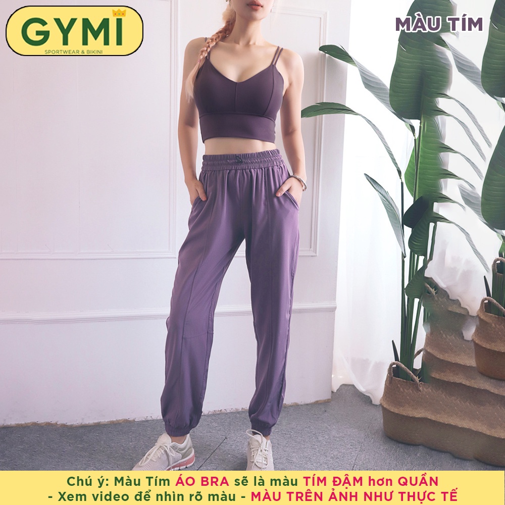 Set bộ đồ tập gym yoga nữ GYMI SET14 gồm áo bra hai dây thun lạnh và quần jogger gió giấy thể thao