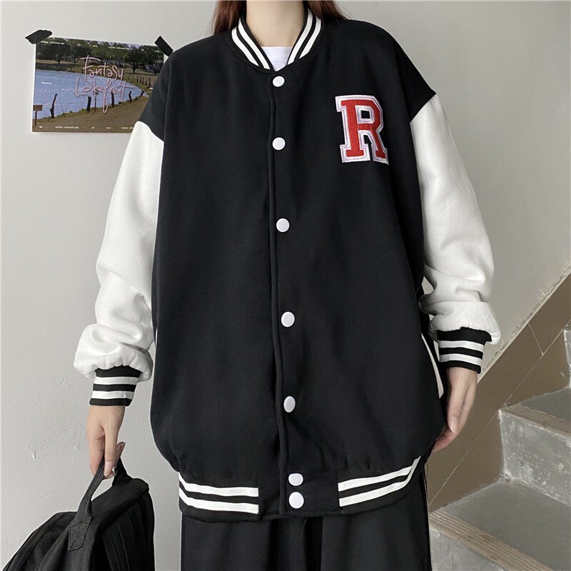 Bomber ❤️❤️ Áo khoác bomber nam nữ bóng chày  ĐEN chữ R đỏ mùa đông chống nắng vải nỉ dày cao cấp giá rẻ