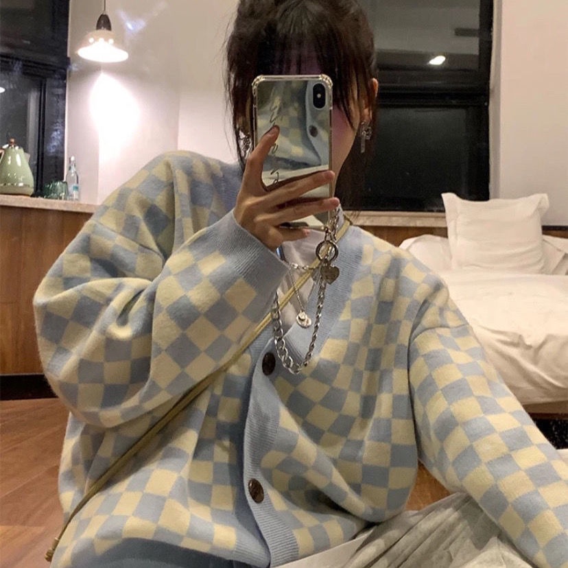 COZOK Áo sweater cổ chữ V họa tiết sọc caro phong cách Hàn Quốc