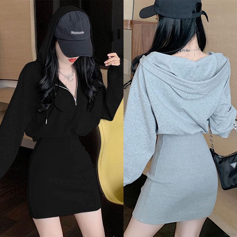 Đầm Hoodie Dài Tay Trơn Màu Xinh Xắn Theo Phong Cách Hàn Quốc