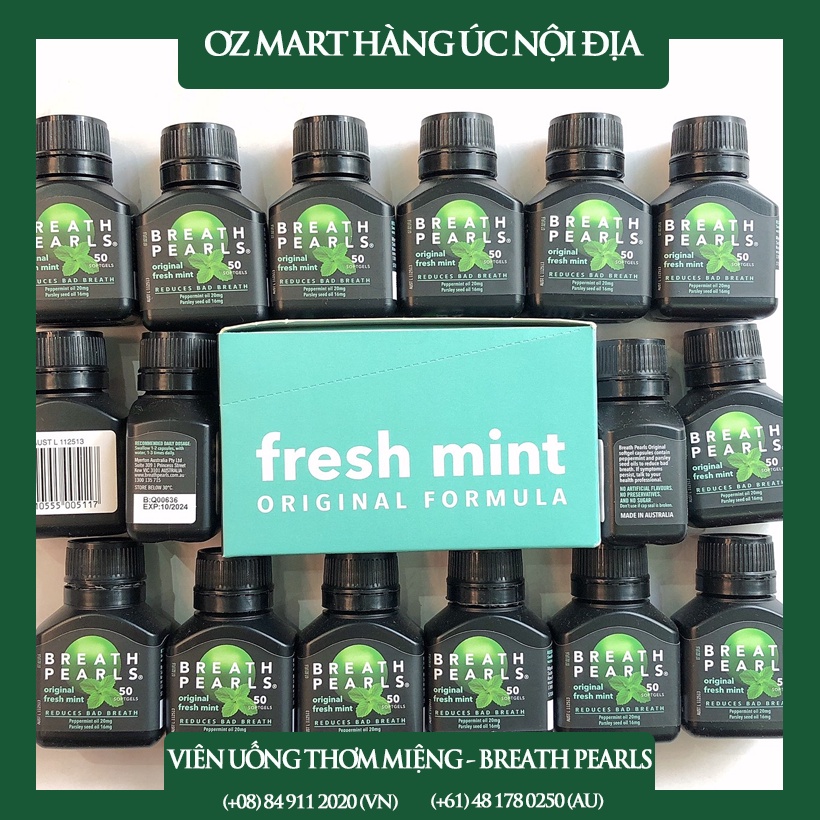 Viên uống thơm miệng Breath Pearls Oz Mart Hàng Úc Nội Địa thảo dược chăm sóc răng miệng vệ sinh răng miệng 50 viên