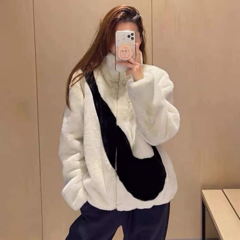 Áo khoác Lông Hoạ Tiết Hình Vảy Cổ Cao🌺[ FREESHIP] Áo khoác khoá kéo from rộng phối màu đen trắng Ullzang | BigBuy360 - bigbuy360.vn