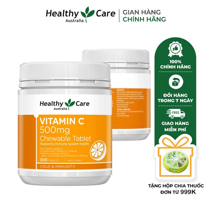 Viên Nhai Vitamin C Heathy Care 500mg, Viên Tăng Cường Sức Đề Kháng 500 Viên