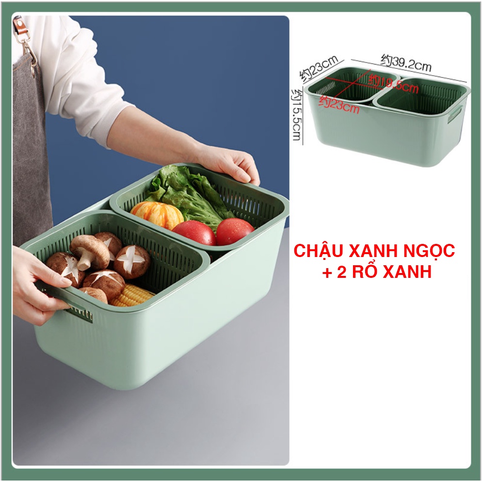 Chậu Kèm Rổ Rửa Rau Củ Quả 2 Ô Tiện Dụng ANHANHHOME