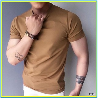 Áo thun nam Áo thun ngắn tay cổ tròn nam màu nâu