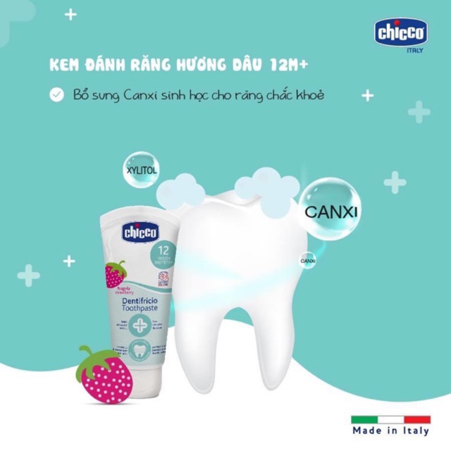 Kem đánh răng cho bé nuốt được CHICCO 12m+, kem đánh răng trẻ em vị dâu 50ml - Monnie Kids