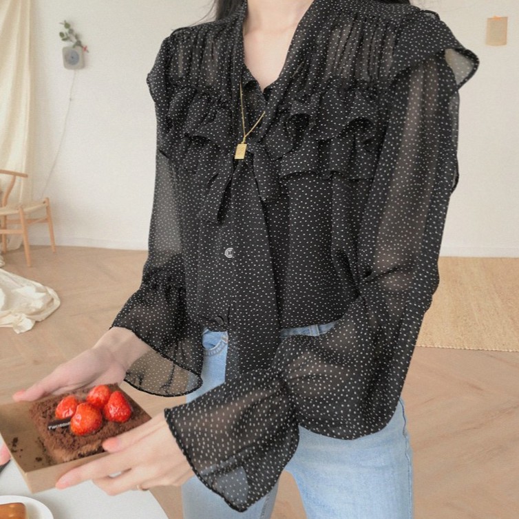 Áo voan tay dài phối bèo họa tiết chấm bi thanh lịch 27588