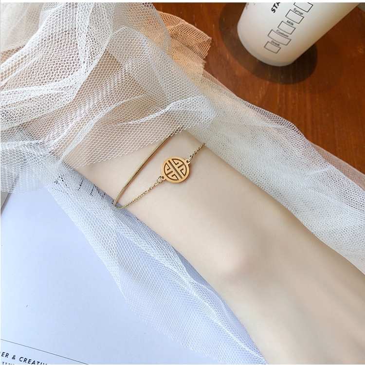 Vòng Tay Hai Lớp Bằng Thép Titan Mạ Vàng 18K Chống Nước Không Gây Dị Ứng Phong Cách Hàn Quốc