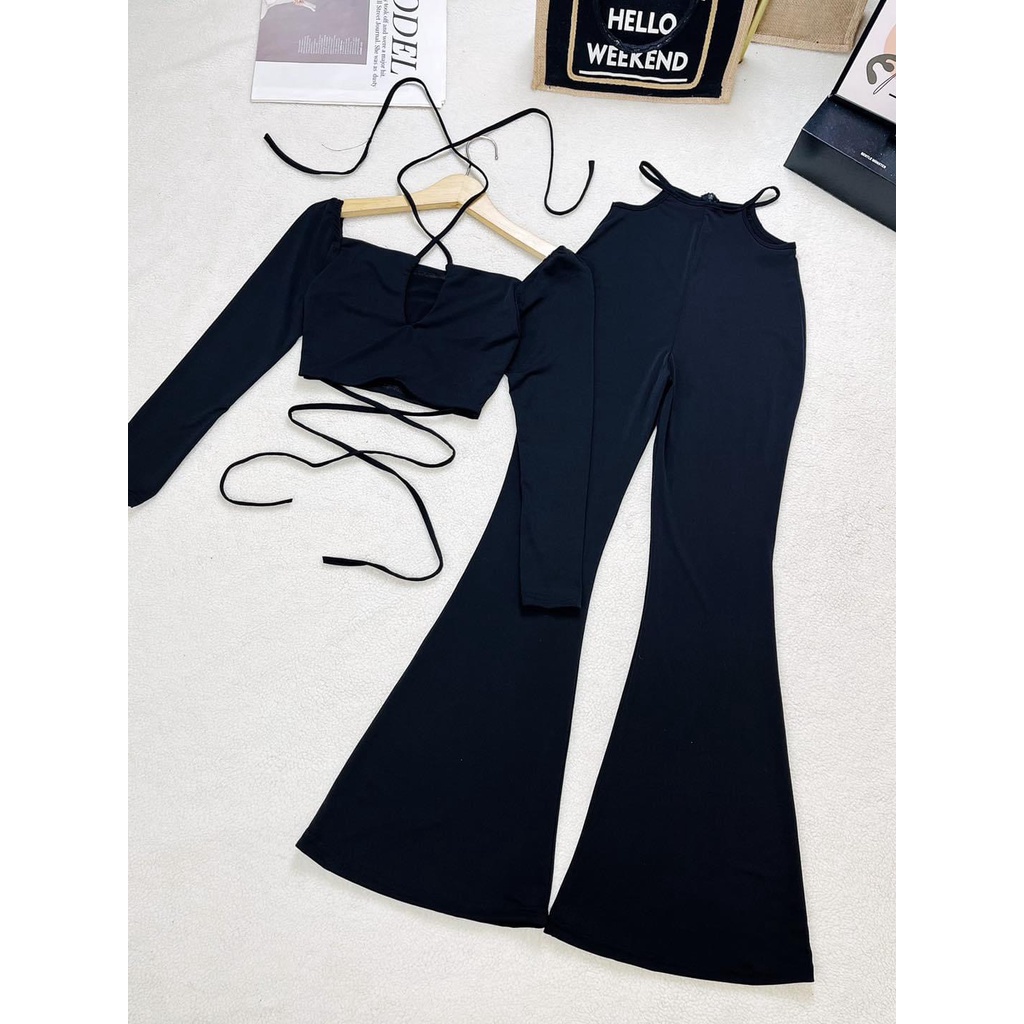 SÉT ÁO ĐAN DÂY CỔ YẾM + QUẦN ỐNG LOE MÀU ĐEN SIÊU SANG CHẢNH SEXY M020