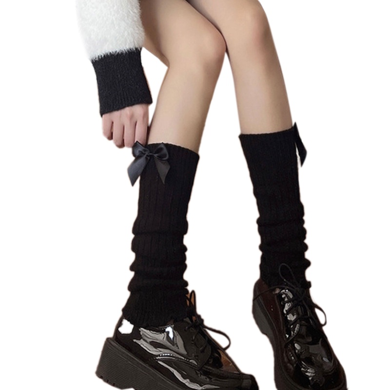 Tất ống chân dệt kim giữ ấm đính nơ phong cách lolita Nhật Bản cho nữ