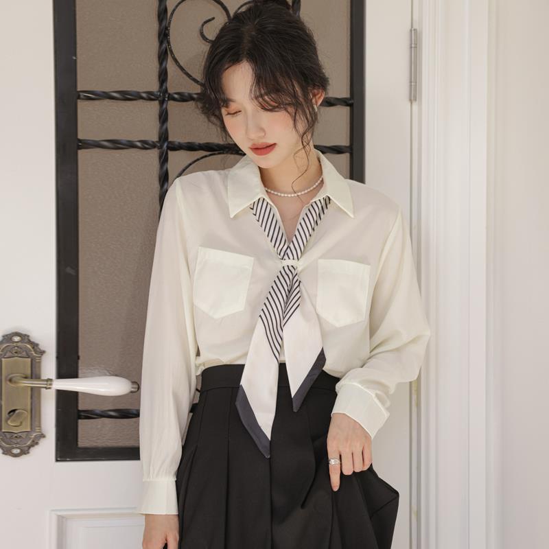 IELGY    Áo Sơ Mi Dài Tay Kèm Khăn Quàng Cổ Lụa Thời Trang Dành Cho Nữ