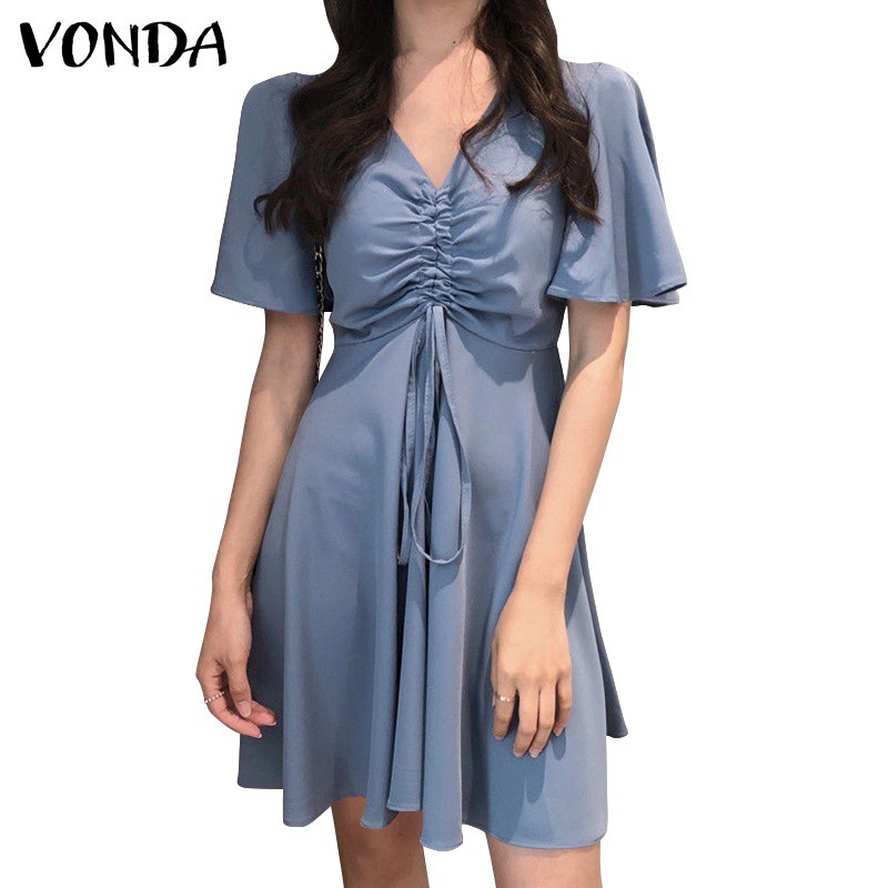 Đầm Ngắn VONDA Tay Ngắn Cổ Chữ V Dây Rút Màu Trơn Thời Trang Hàn Quốc Đơn Giản Cho Nữ