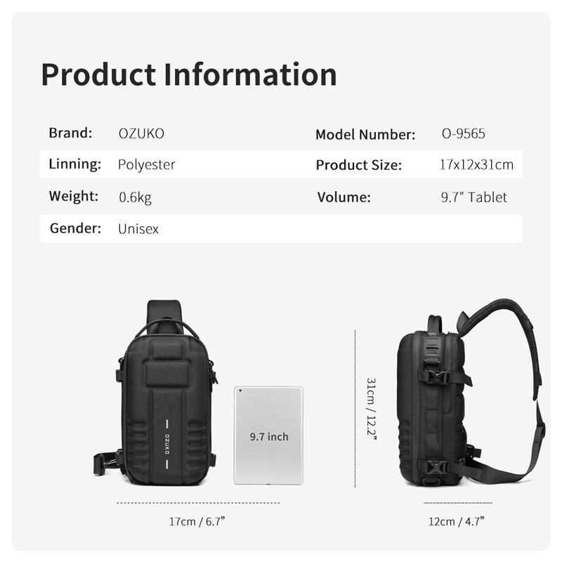 Túi đeo chéo OZUKO chống thấm nước phong cách thể thao năng động dành cho nam