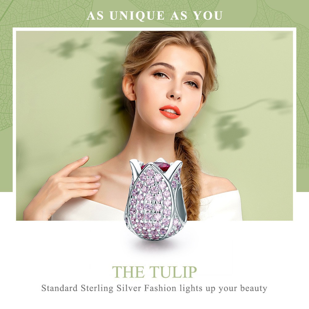 BAMOER Bông Tai Xi Mạ Bạc 925 Hình Hoa Tulip Charms