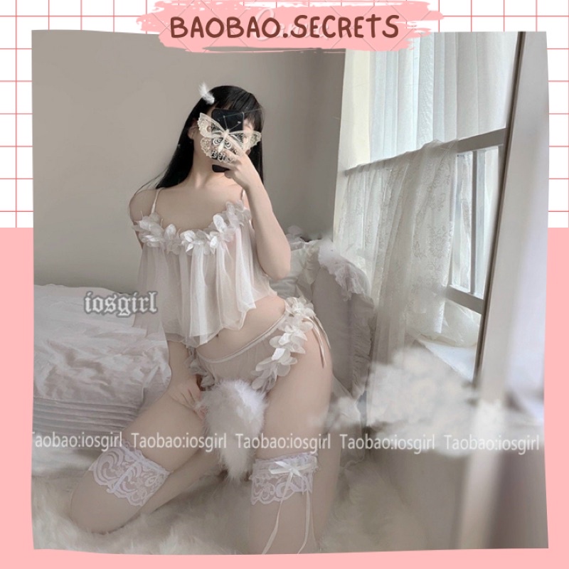 Set đồ ngủ 2 mảnh hoạ tiết xinh xắn, đồ ngủ nữ phối hoa quyến rũ