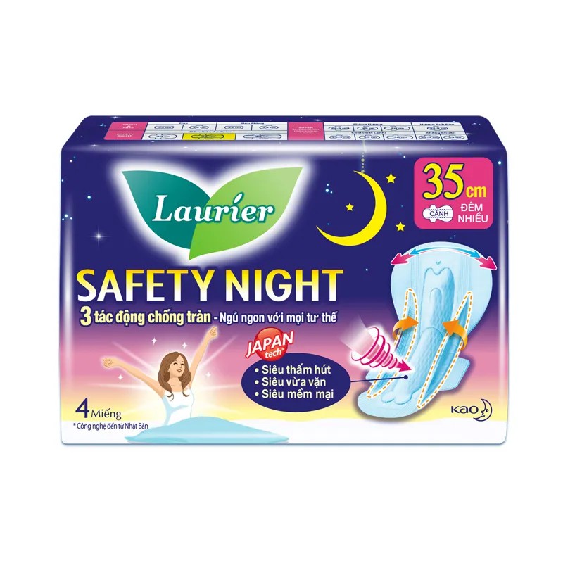 Combo 4 gói băng vệ sinh Laurier Safety Night Đêm Siêu An Toàn (35 cm/miếng, 4 miếng/gói)