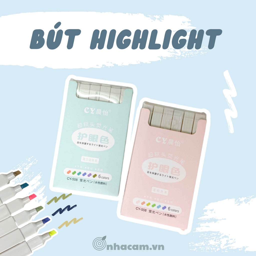 Bút Nhớ Highlight Pastel Đầu Vuông Nhà Cam (6 chiếc/set)