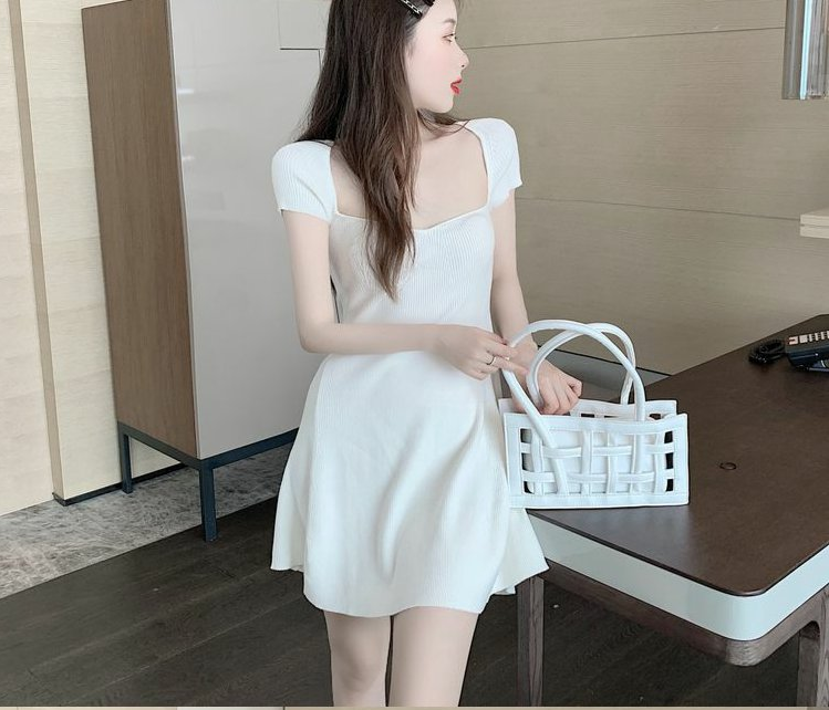 SUXI Đầm dệt kim ngắn tay cổ vuông thiết kế xinh xắn dành cho nữ