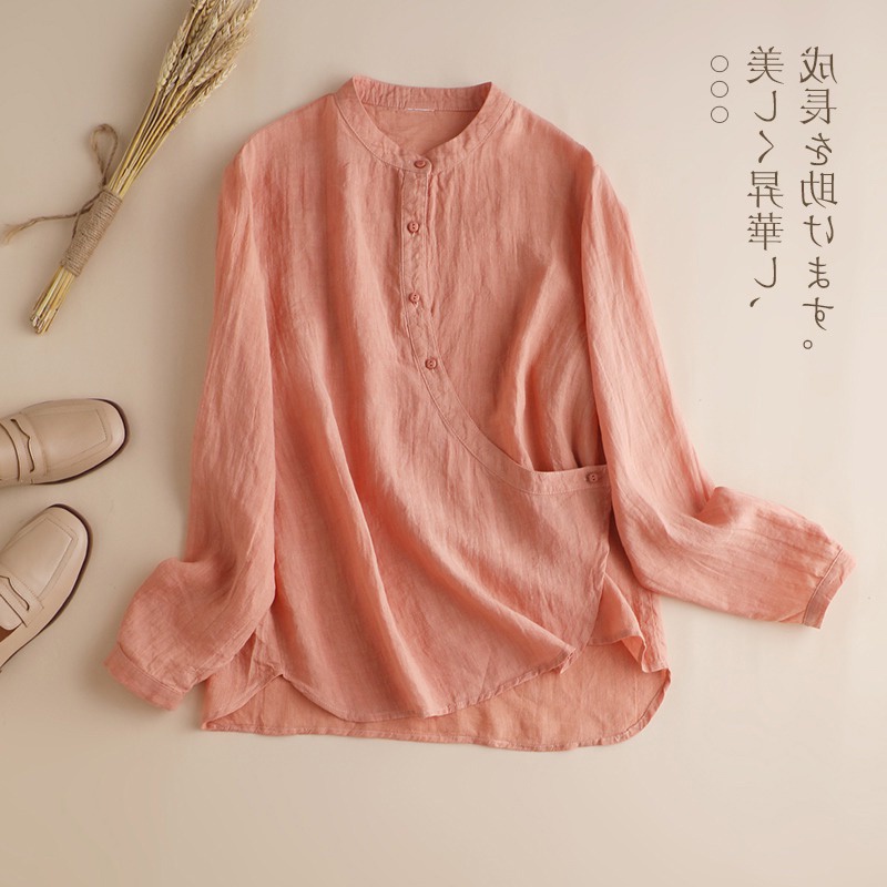 Ice 45-55kg Vải Lanh Cam Vải Lanh Cotton Top Pick-up Ưu đãi đặc biệt ~ Giảm Giá Thương Hiệu Giải Phóng Mặt Bằng Đuôi Đơn Hàng Nữ Thiết Kế Ramie Top Rời Vải Lanh Cotton Áo Sơ Mi Dài Tay