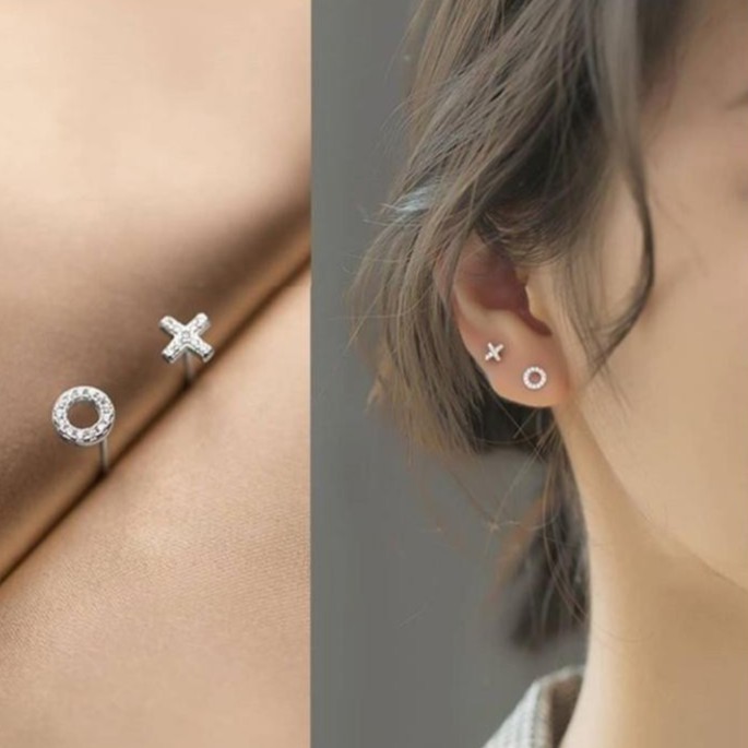 Khuyên tai nữ bông tai nữ bạc s925 hình học X O đính đá Cá jewelry KB29