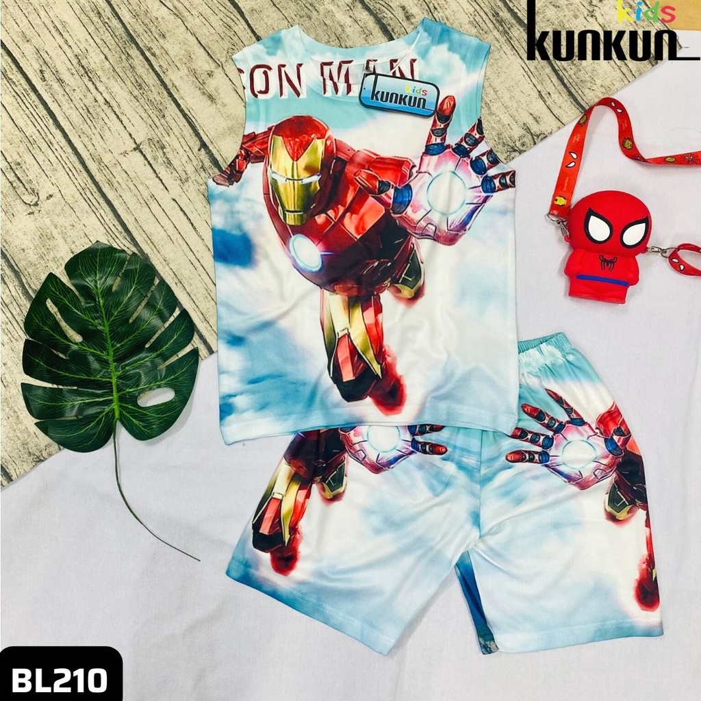 Quần áo trẻ em in 3D hình người sắt ironman size đại 10-60kg KunKun BL210 - Bộ ba lỗ bé trai thun lạnh co giãn 4 chiều