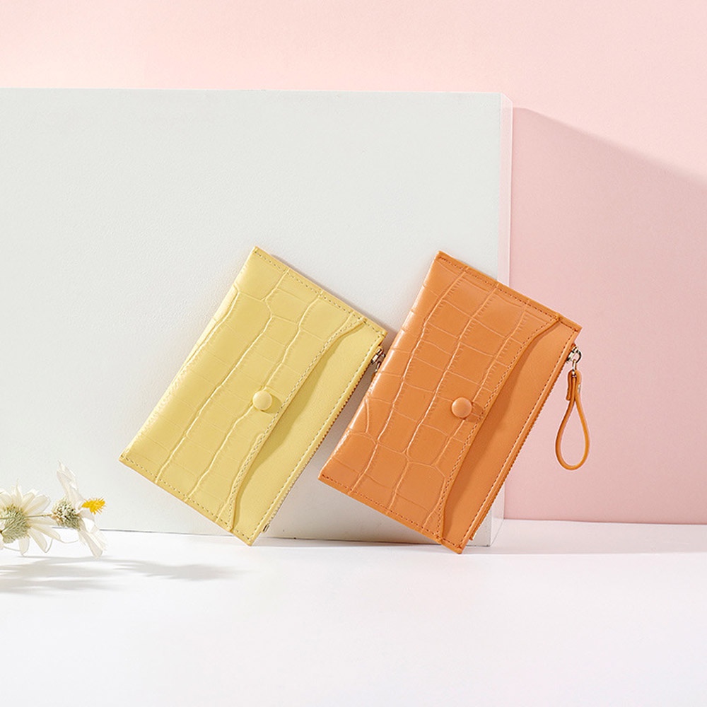 Ví da PU đựng thẻ ID/thẻ tín dụng/tiền xu có dây khóa kéo dáng mỏng họa tiết dễ thương mini màu sắc tùy chọn cho bạn nữ