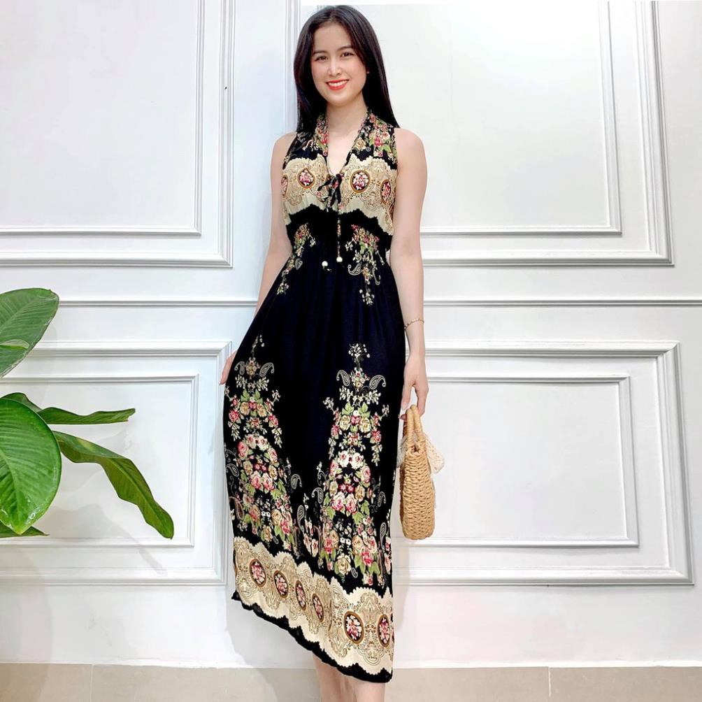 Đầm maxi mùa hè đi biển hot dáng dài vải lanh mát - Váy maxi xẻ tà họa tiết thổ cẩm MX078 new