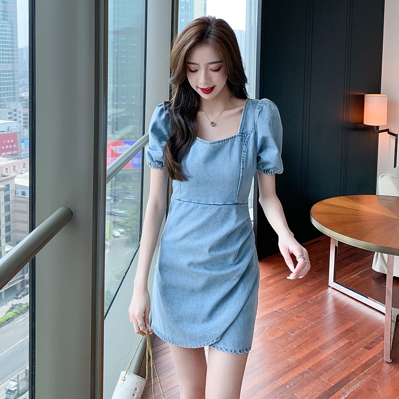 Đầm Denim Tay Phồng Cổ Vuông Phong Cách Retro Pháp