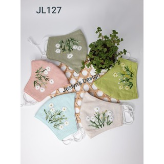 Khẩu trang thêu tay vải linen hình hoa cúc JL127