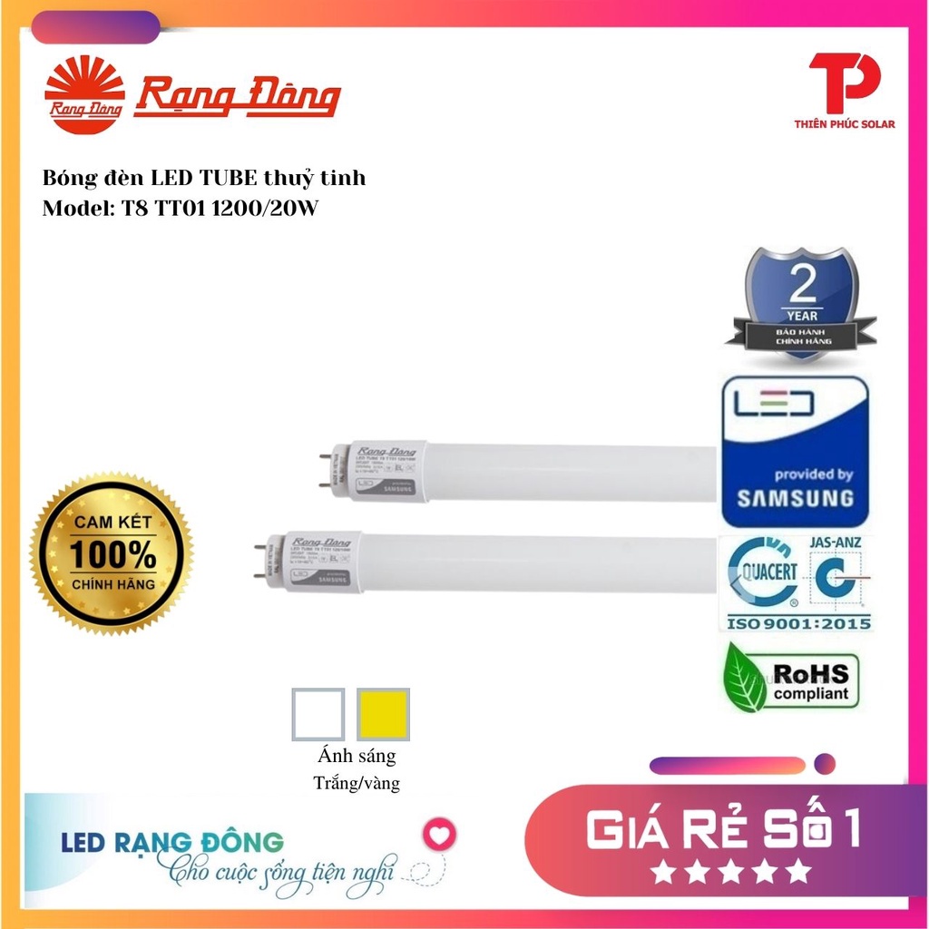 [Shop Chính Hãng] Bóng đèn LED TUBE thuỷ tinh T8 TT01 1200/20W-Trắng SS Rạng Đông