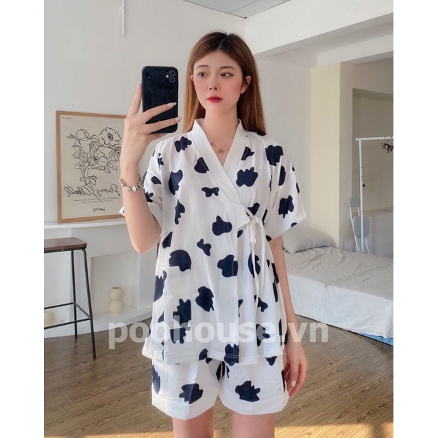 Bò sữa đen by Poohouse - Pijama kimono ngủ chất liệu cotton, đồ ngủ kimono đồ ngủ kiểu Nhật bản - Poohouse Pyjama | BigBuy360 - bigbuy360.vn