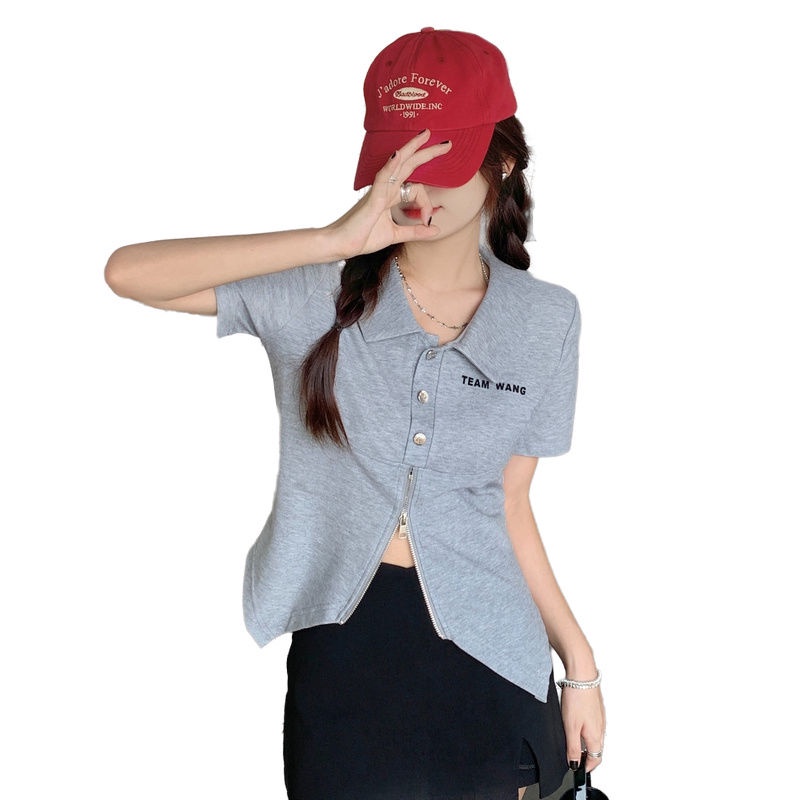 Áo Thun Tay Ngắn Thiết Kế Khóa Kéo Màu Trơn Thiết Kế Mới Thoáng Khí Cho Nữ