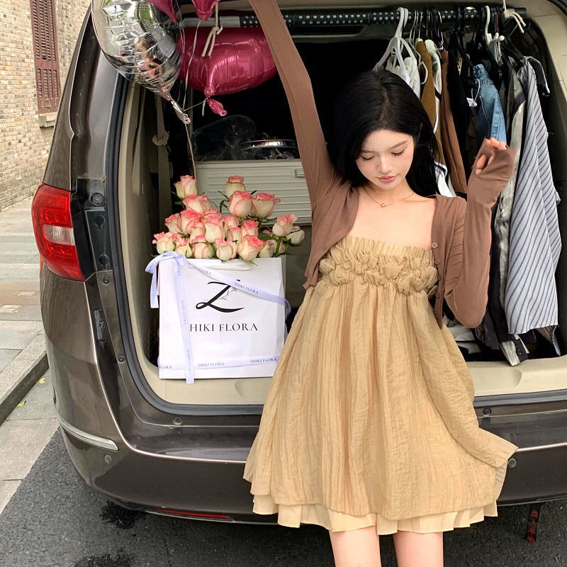 Sweet Spice Girl shoulder strap dress Women's Summer French Advanced feeling Pure temperament sleeveless loose short skirt