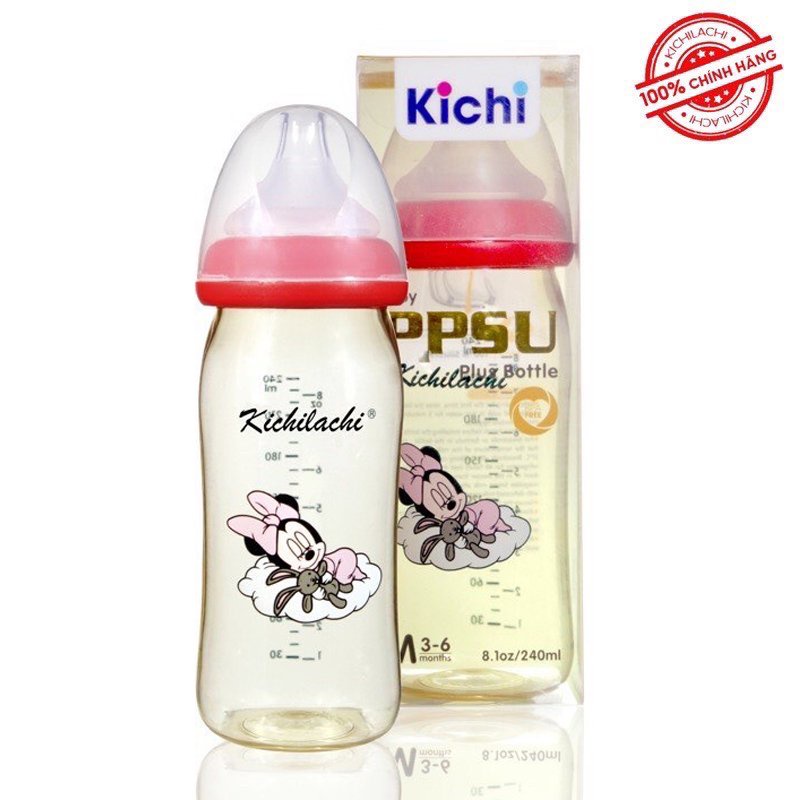 Bình Sữa Cho Bé Bình Sữa Kichi Nhựa PPSU Cổ Rộng, Dung Tích 160ml-240ml ( Tặng kèm 1 Núm )