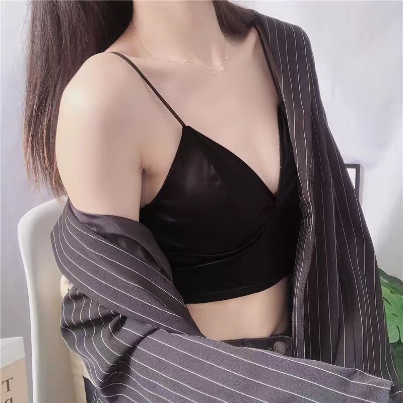 Áo lót 2 dây lụa satin Sexy có đệm mút mỏng mặc hở vai lưng màu đen trắng BRA03