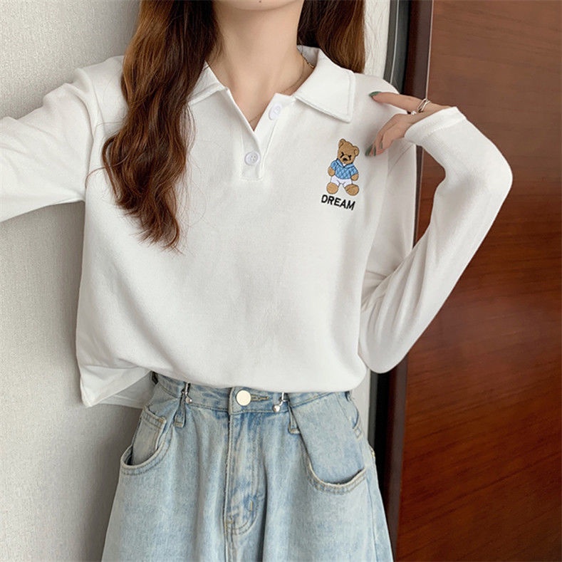 Áo polo Tay Dài Dáng Rộng Thêu Hình Gấu Dễ Thương JL-TX-540