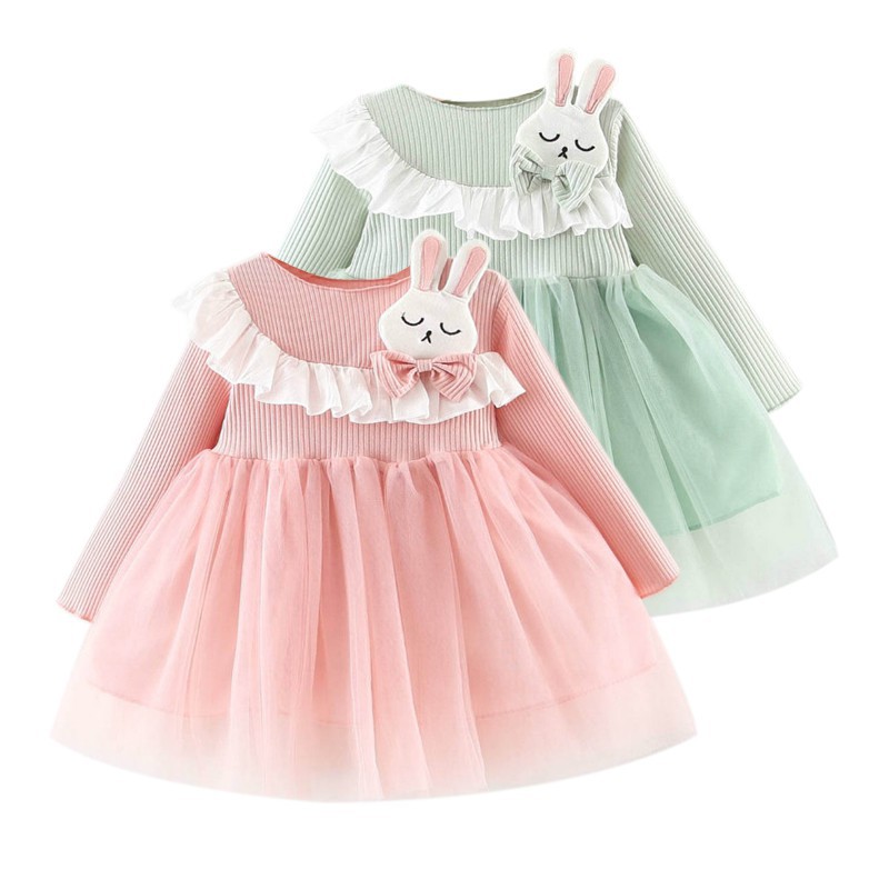 Đầm xòe dài tay in họa tiết con thỏ xinh xắn dành cho bé gái
