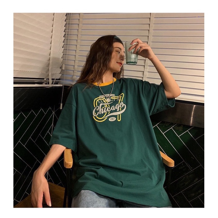 Áo thun phông cổ phối nam nữ PINK tay lỡ form rộng CHICAGO 97 Unisex