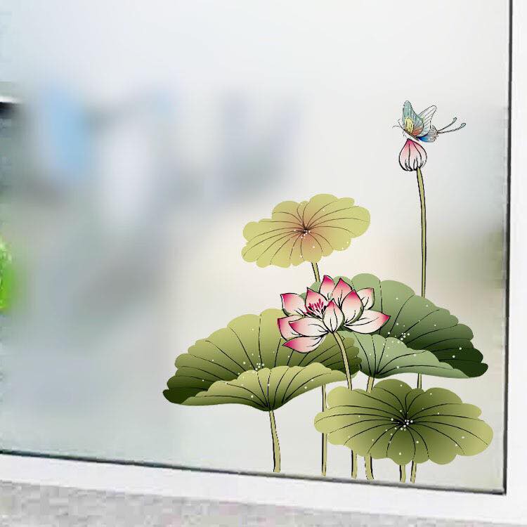 Decal trang trí kính cao cấp mẫu hoa sen ( 60cm x 58cm )
