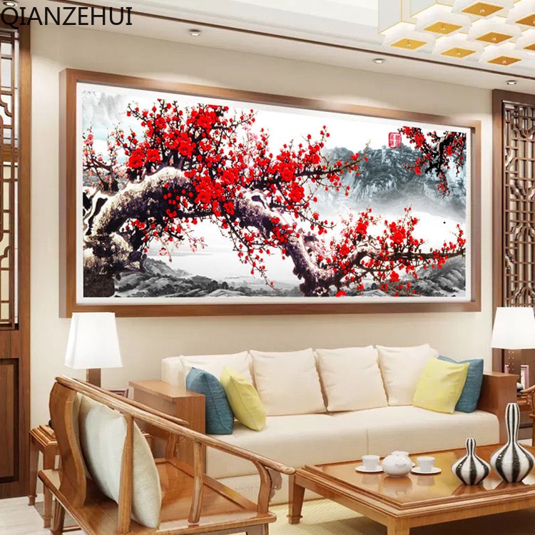 Bộ Tranh Đính Đá 5D Hạt Tròn Tự Làm Hình Hoa Mận Trang Trí Nhà Cửa