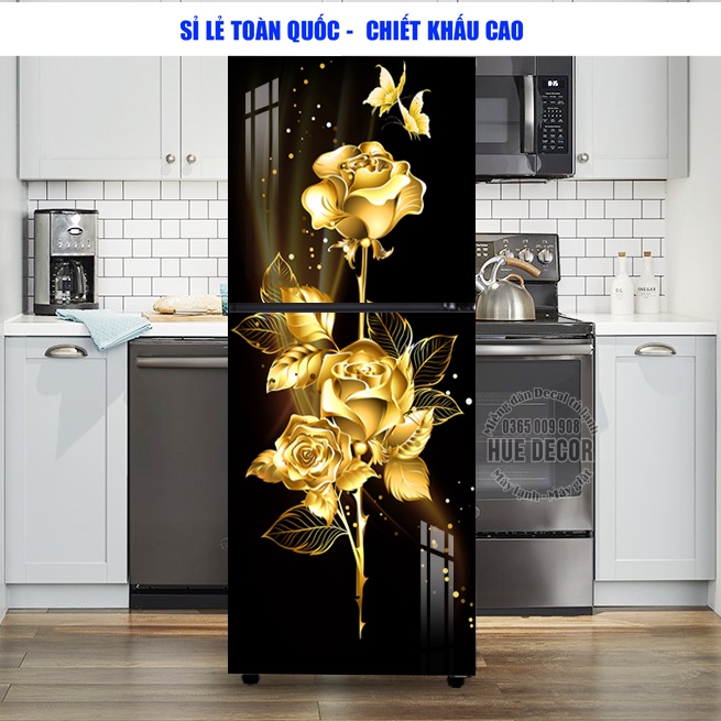 Tranh dán tủ lạnh - máy giặt 3D hoa hồng vàng HUE DECOR, chống nước, dán được cho mọi loại tủ