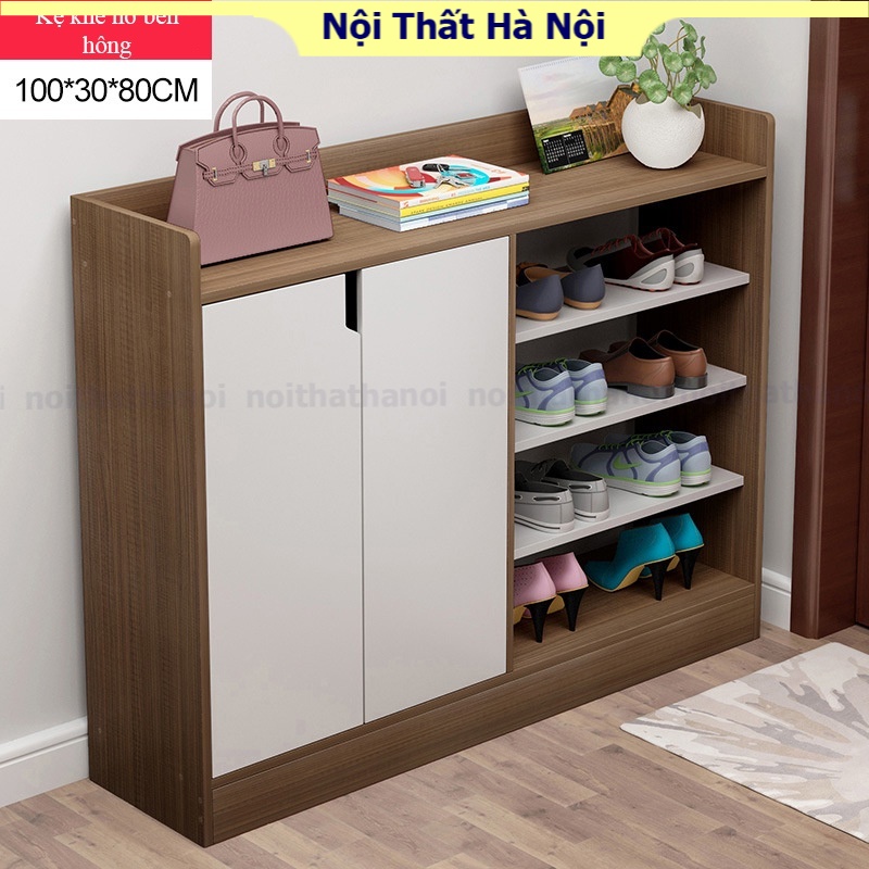 Tủ giày chất liệu chống ẩm, chống xước dễ lau chùi, kệ giày có cánh tủ màu gỗ óc chó kiểu dáng hiện đại