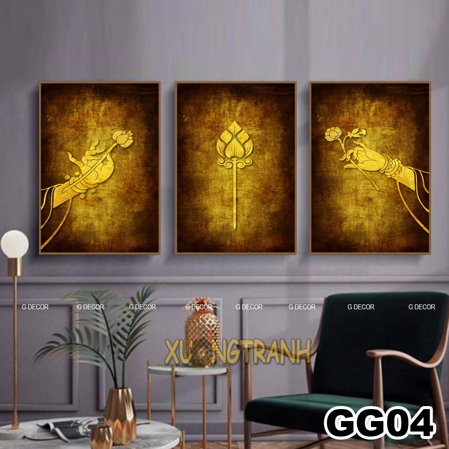 Tranh treo tường canvas 3 bức phong cách Bắc Âu 236, tranh hoa sen trang trí phòng khách, phòng ngủ, phòng ăn, spa