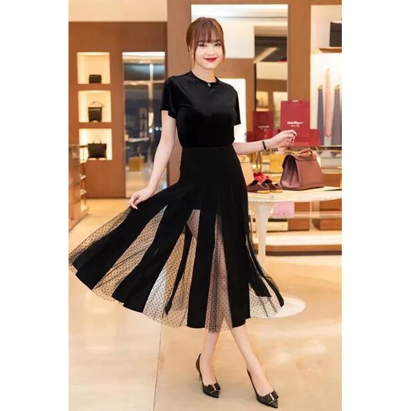 Đầm xòe tay con phối lưới bi