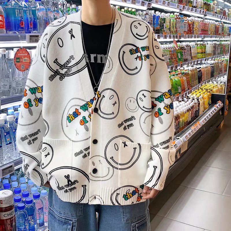 Áo khoác cardigan cổ chữ V dáng rộng in hình mặt cười phong cách Hàn Quốc mới cho nam