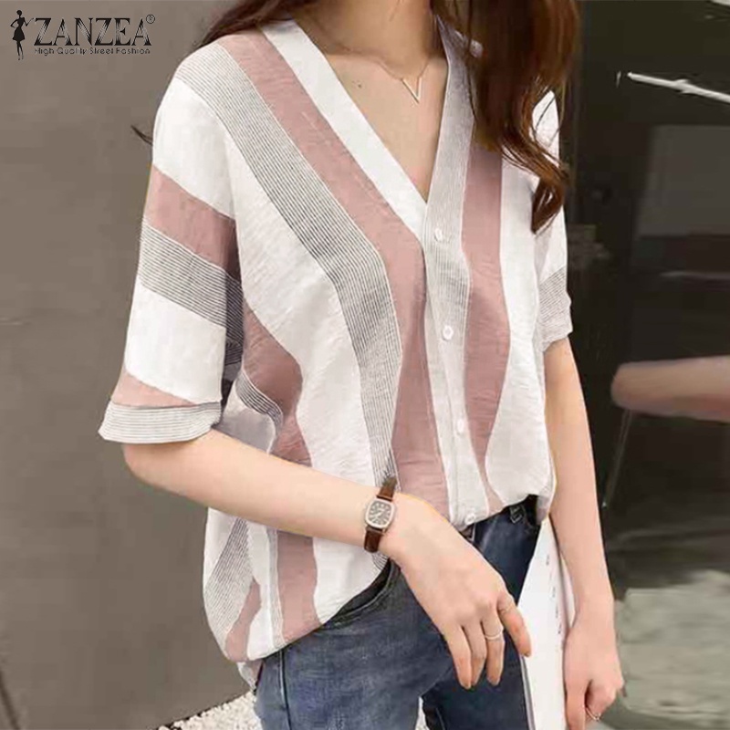 Áo sơ mi ZANZEA tay lửng cổ chữ V họa tiết sọc thời trang dành cho nữ